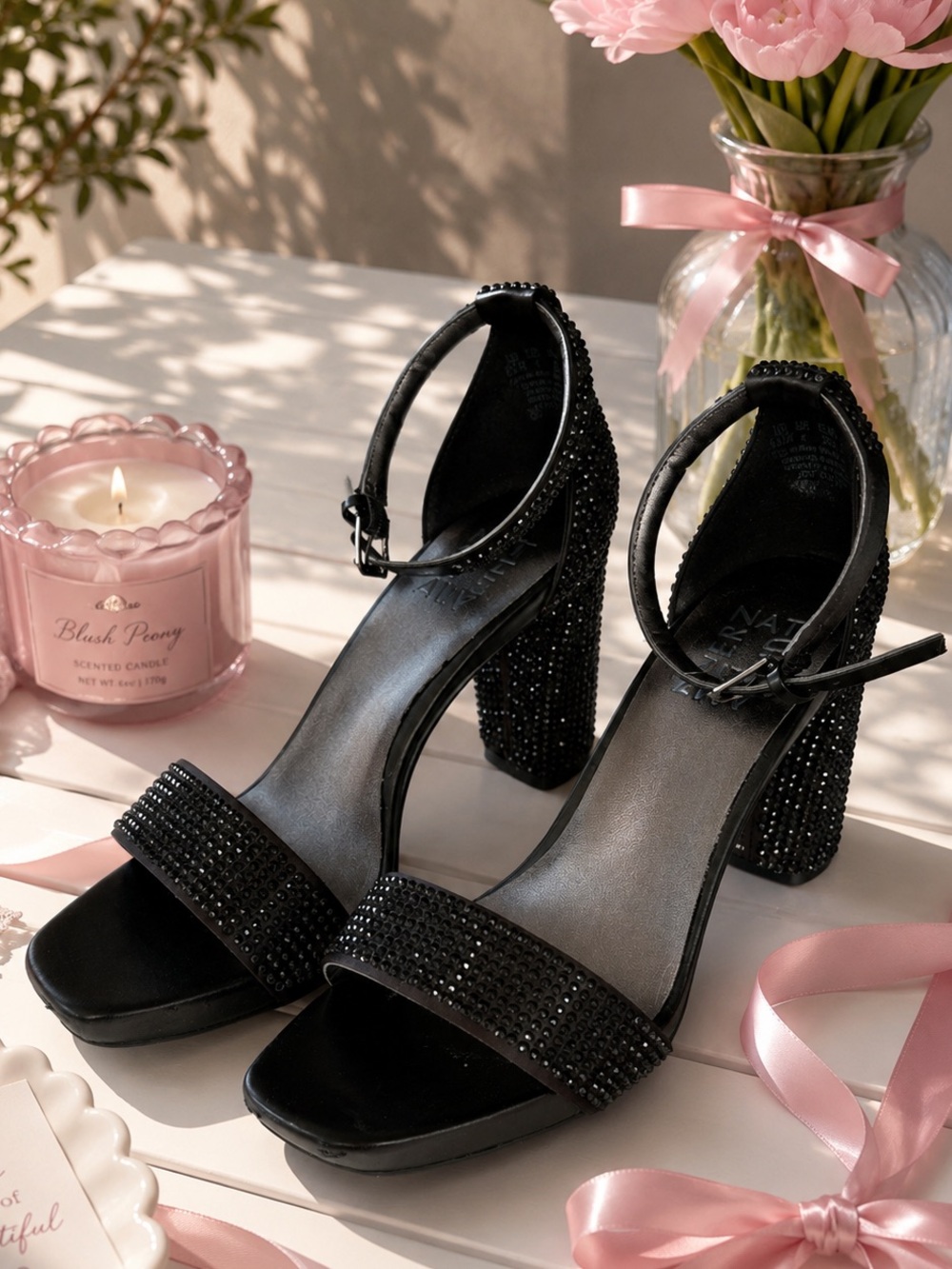 New Balance Joy Glitz Black Rhinestone Block Heels Women’s 6.5
